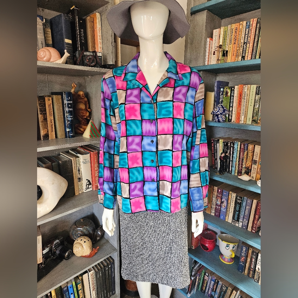 Vintage 1990s Notations Colorful Geometric Color Block Silky Blouse